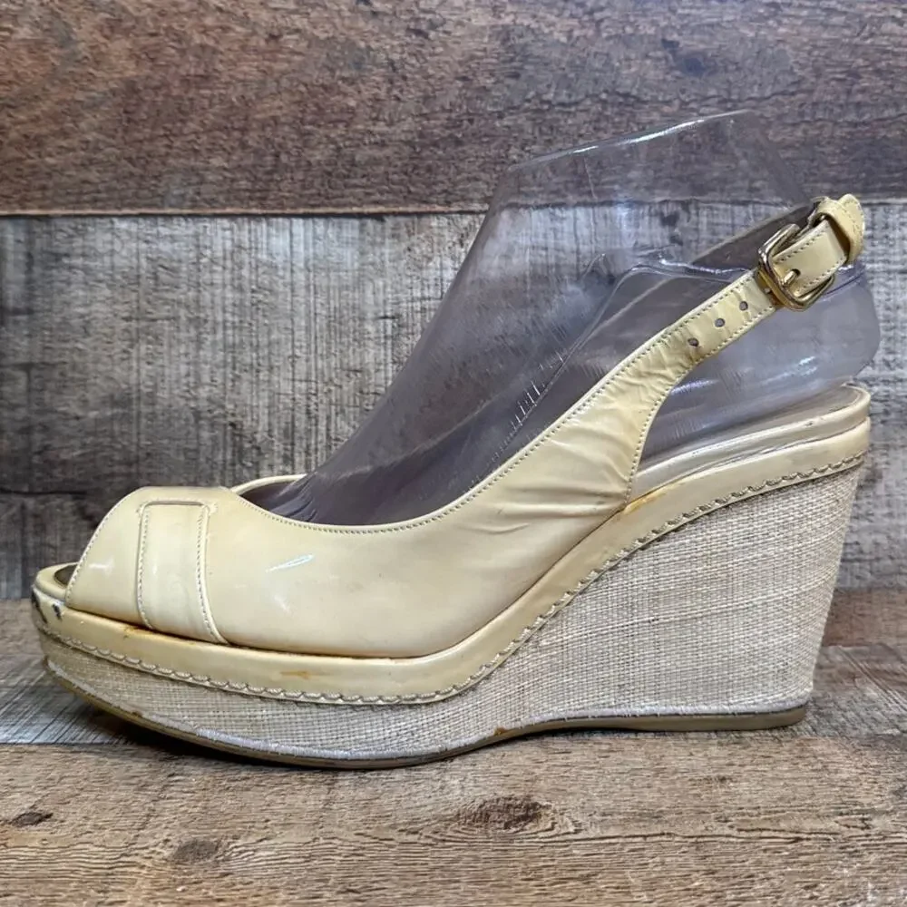 Stuart Weitzman Patent Leather Tan Wedge Slingback Heels Peep Toe Size 8 - Picture 6 of 14